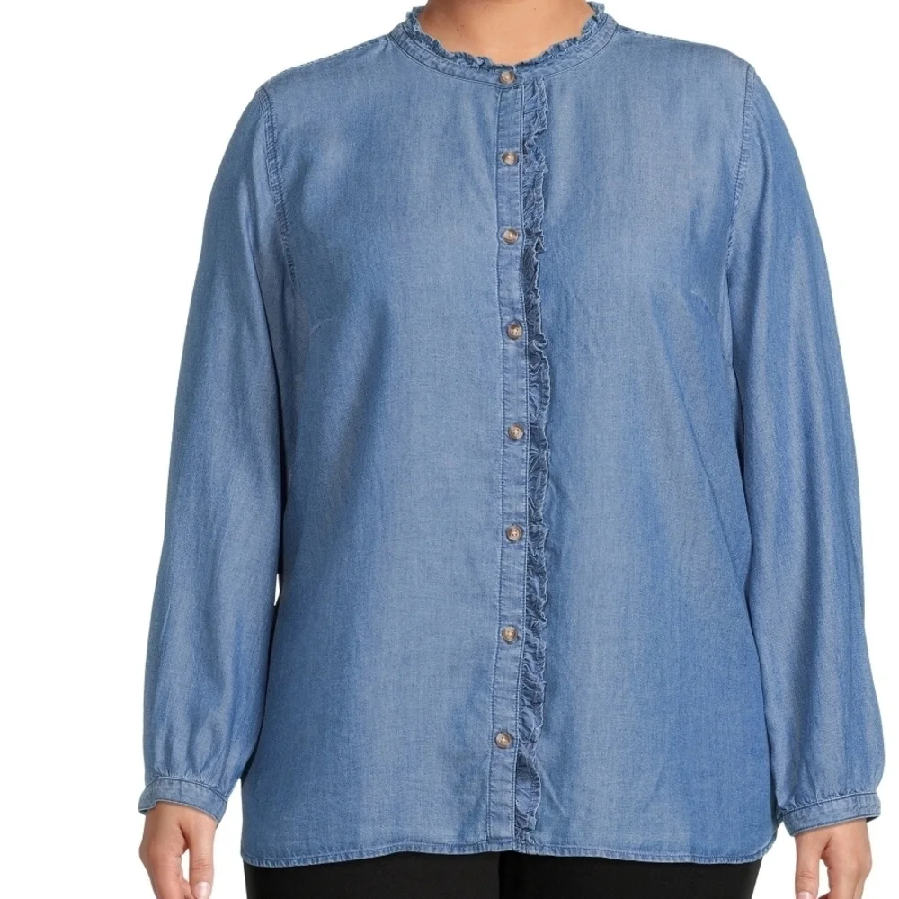Terra & Sky NEW Ruffle Front Button Down Chambray Blouse Blue - Plus Size 3X - Picture 2 of 9